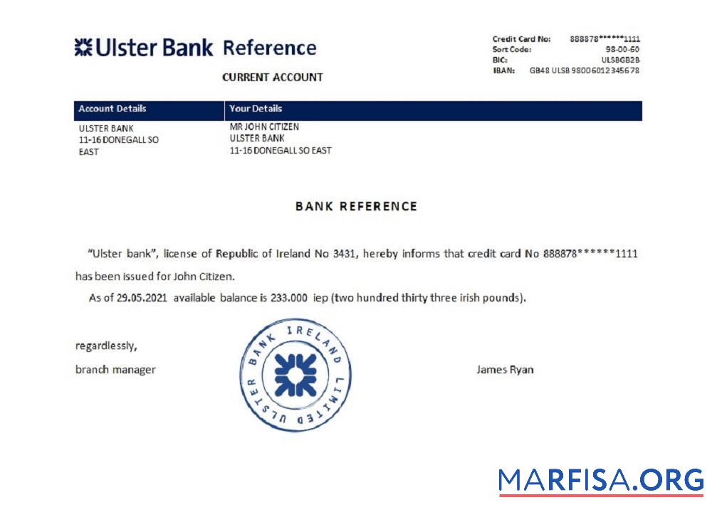Realistic Ireland Ulster bank reference sample